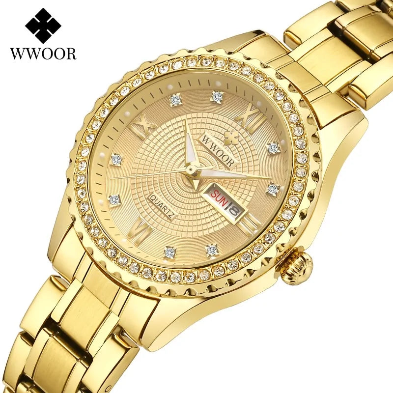 Reloj de Cuarzo Dorado de Vestir de Moda para Mujer con Diamantes WWOOR