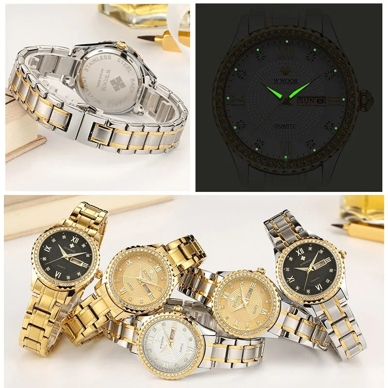 Reloj de Cuarzo Dorado de Vestir de Moda para Mujer con Diamantes WWOOR