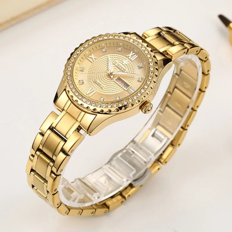 Reloj de Cuarzo Dorado de Vestir de Moda para Mujer con Diamantes WWOOR