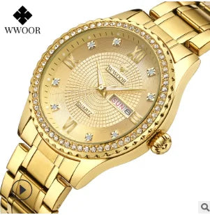 Reloj de Cuarzo Dorado de Vestir de Moda para Mujer con Diamantes WWOOR