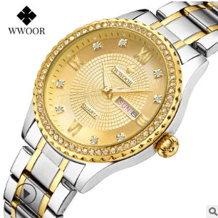 Reloj de Cuarzo Dorado de Vestir de Moda para Mujer con Diamantes WWOOR