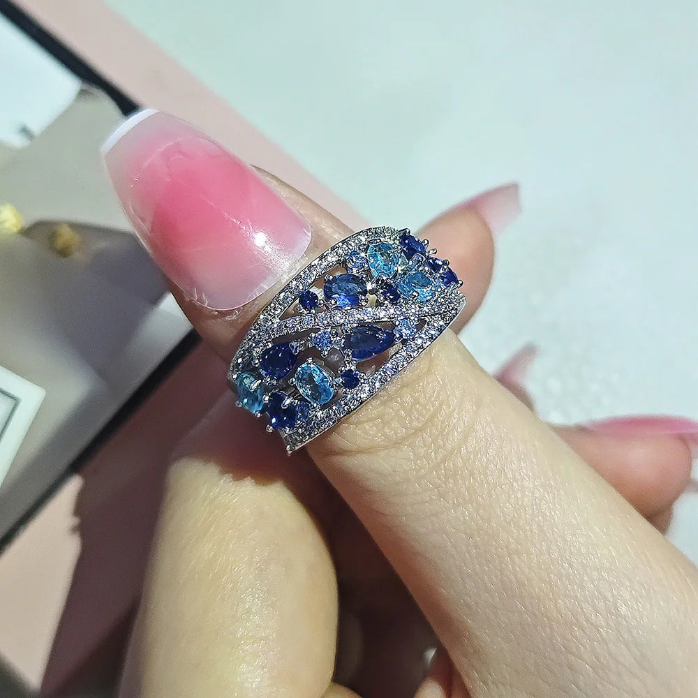 Anillo Hueco de Circón Azul para Mujeres