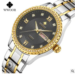 Reloj de Cuarzo Dorado de Vestir de Moda para Mujer con Diamantes WWOOR