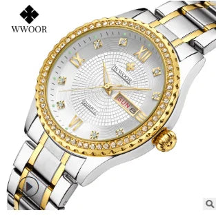 Reloj de Cuarzo Dorado de Vestir de Moda para Mujer con Diamantes WWOOR