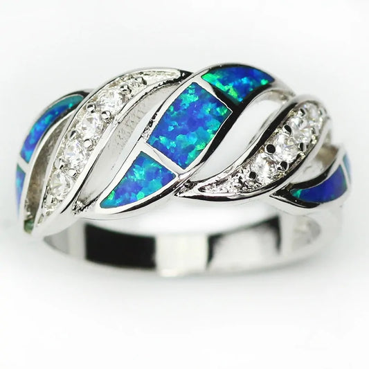 Anillo Plateado de Ópalo Azul y Plata