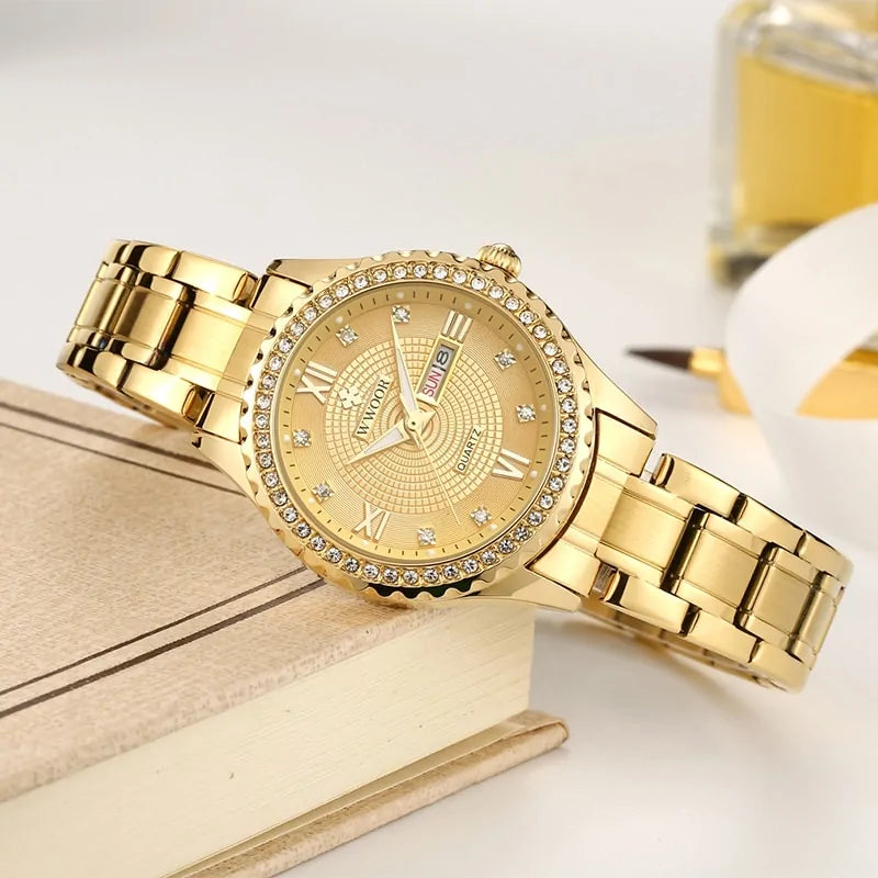 Reloj de Cuarzo Dorado de Vestir de Moda para Mujer con Diamantes WWOOR