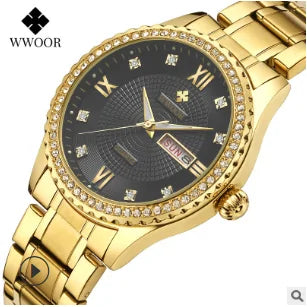 Reloj de Cuarzo Dorado de Vestir de Moda para Mujer con Diamantes WWOOR